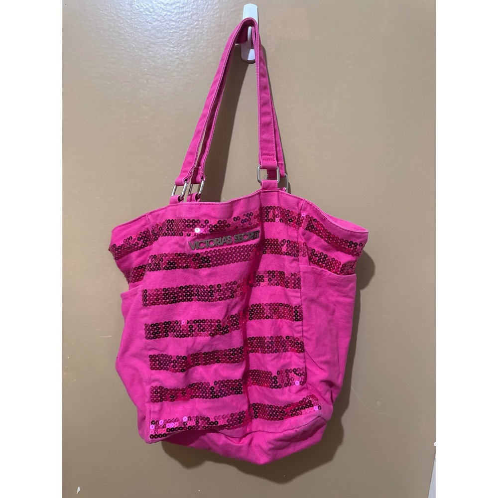 Victoria's Secret Tote Bag Women Large Pink Good Sequin Canvas Shoulder Bag